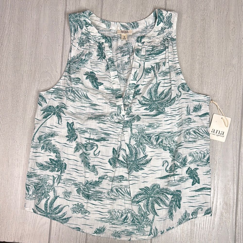 ANA Sleeveless linen feel top, woman’s top, Medium, tropical